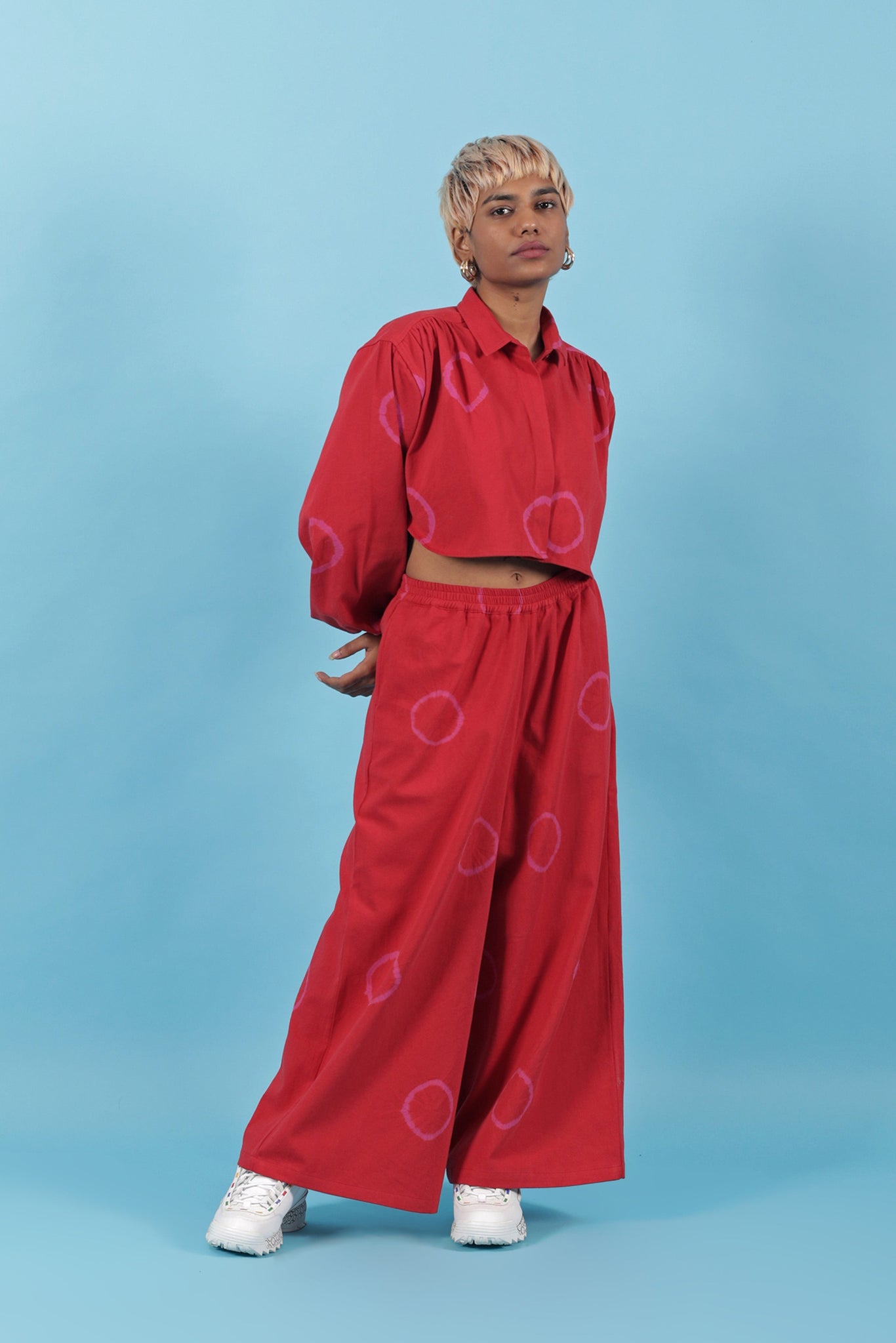 Ring Crop Blouse [Red+Pink] - M