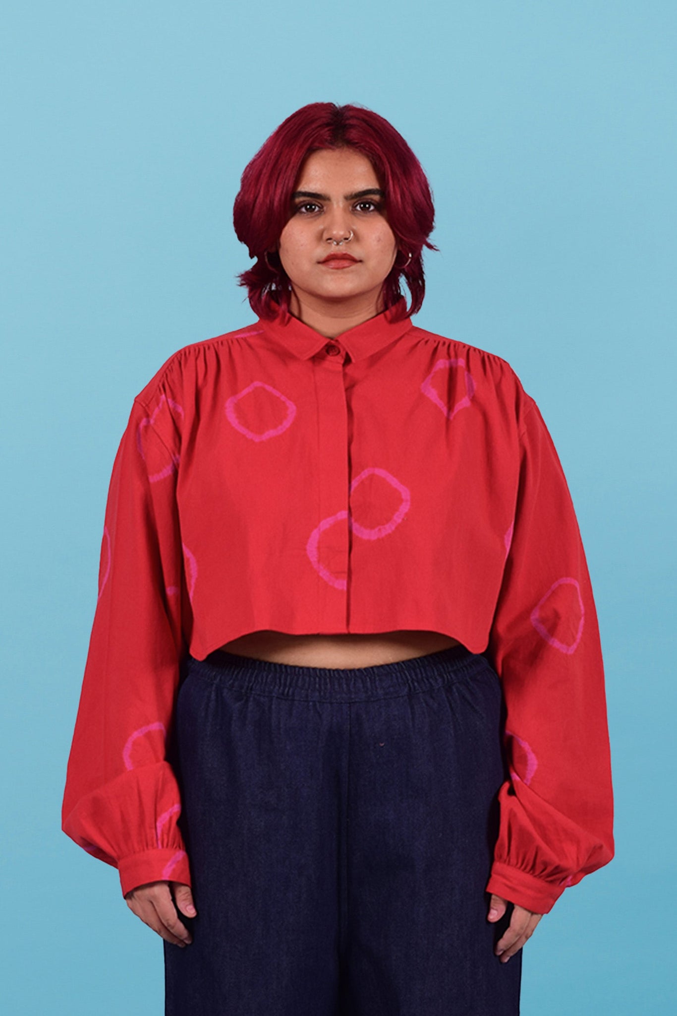 Ring Crop Blouse [Red+Pink] - M